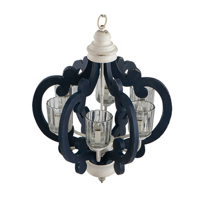 6-Light Wood Chandelier, Farmhouse Pendant for Kitchen, Living, Bulb Not Included, Navy Blue and White Finish