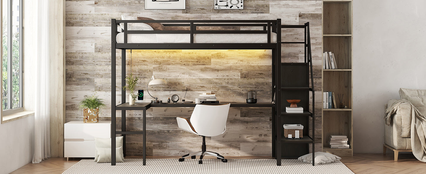 Twin XL Metal Loft Bed with L-shaped Desk, USB Charging Station, Wardrobe, and LED Lights - Stylish Space-Saving Solution for Teens and Adults in Black