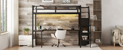 Twin XL Metal Loft Bed with L-shaped Desk, USB Charging Station, Wardrobe, and LED Lights - Stylish Space-Saving Solution for Teens and Adults in Black
