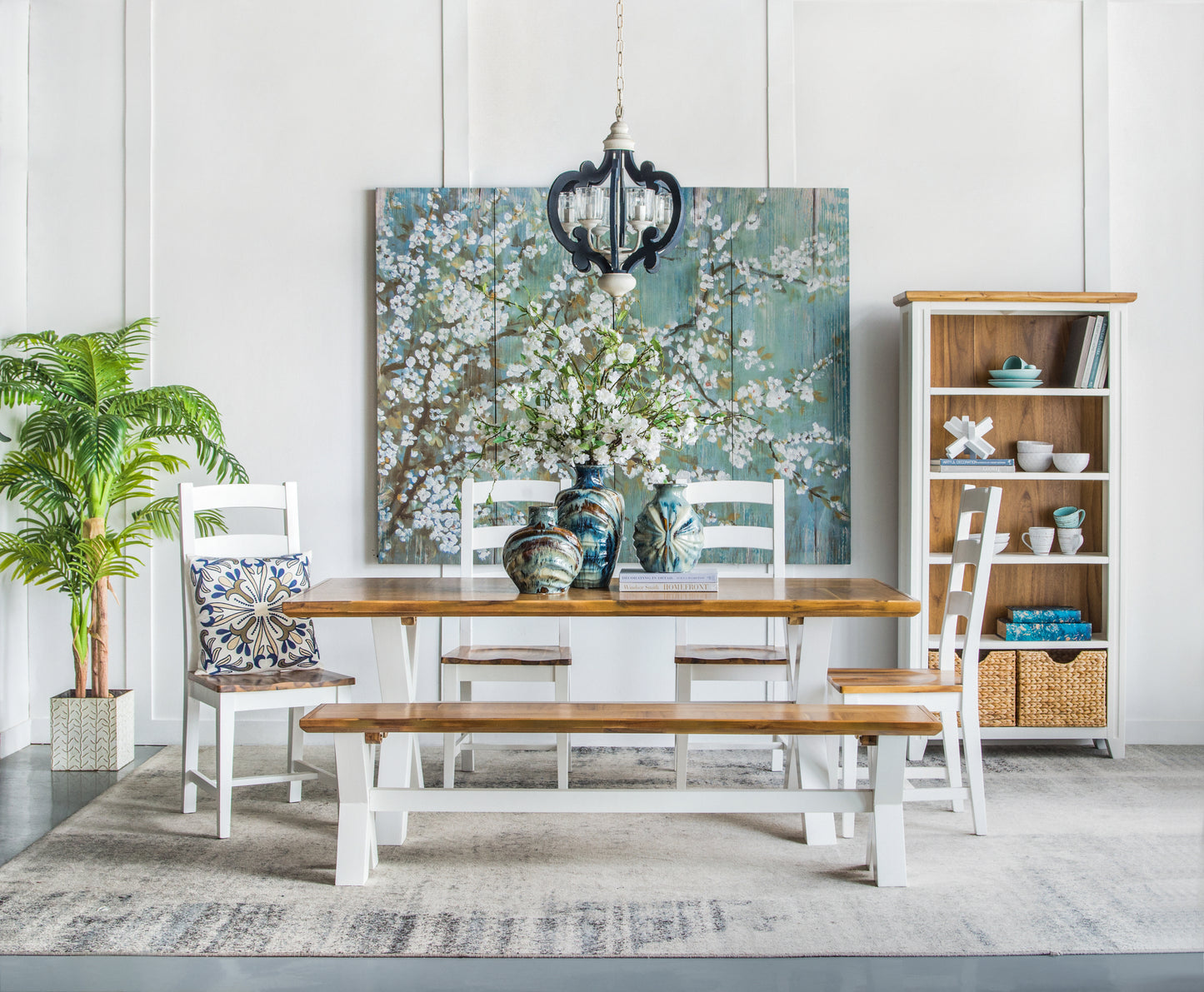 6-Light Wood Chandelier, Farmhouse Pendant for Kitchen, Living, Bulb Not Included, Navy Blue and White Finish