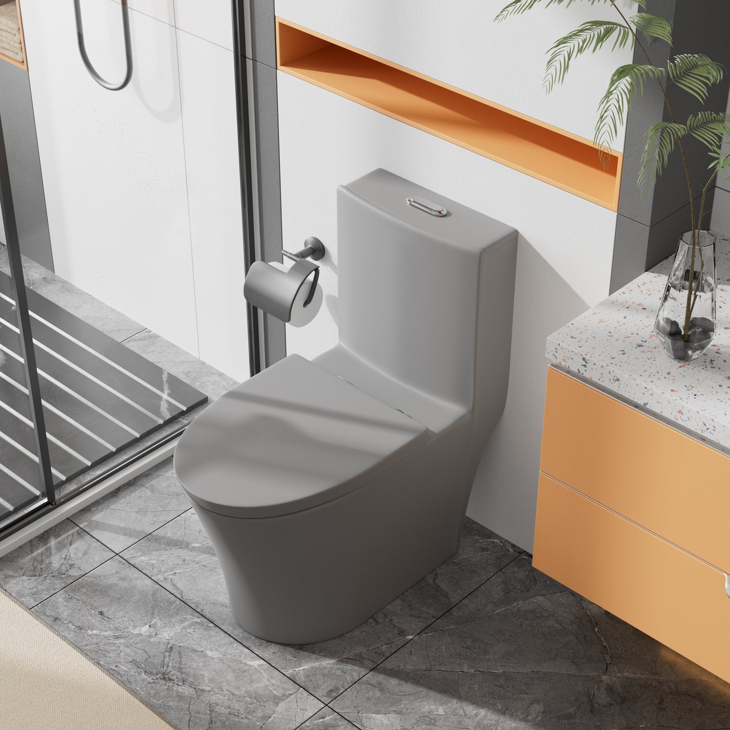 Matte Grey Modern Elongated Toilet with Dual Flush System and Soft-Close Seat