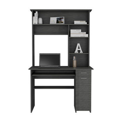 Smokey Oak Compu Hutch Desk with Keyboard Tray, CPU Door Panel, Shelves, and Drawer