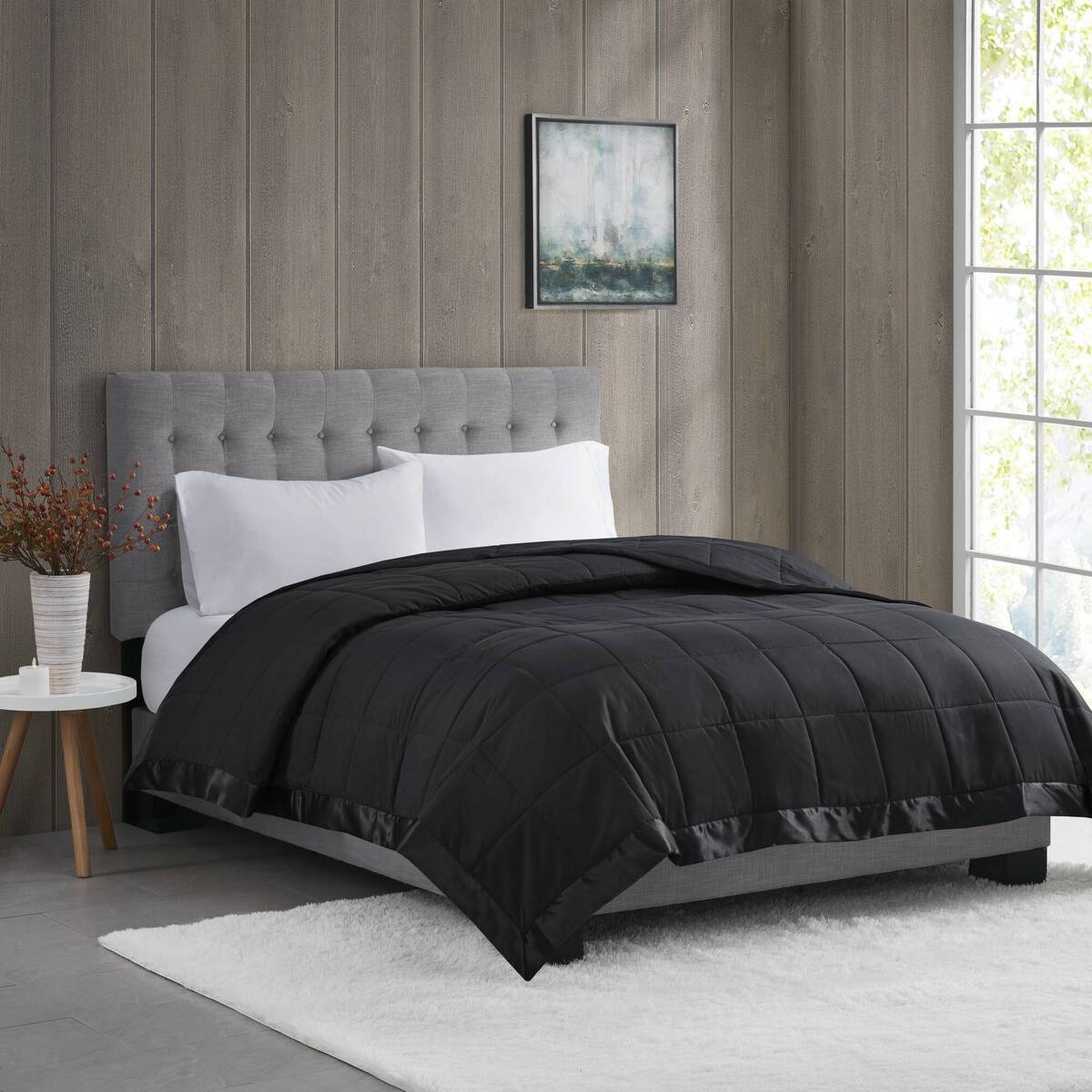 Down-Alternative Blanket with Satin Trim Twin 68x90 Hypoallergenic, Box Quilted, Machine Washable, Black