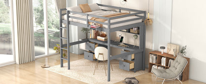 Gray Full Size Loft Bed with Integrated Desk, Storage Solutions, and Charging Station