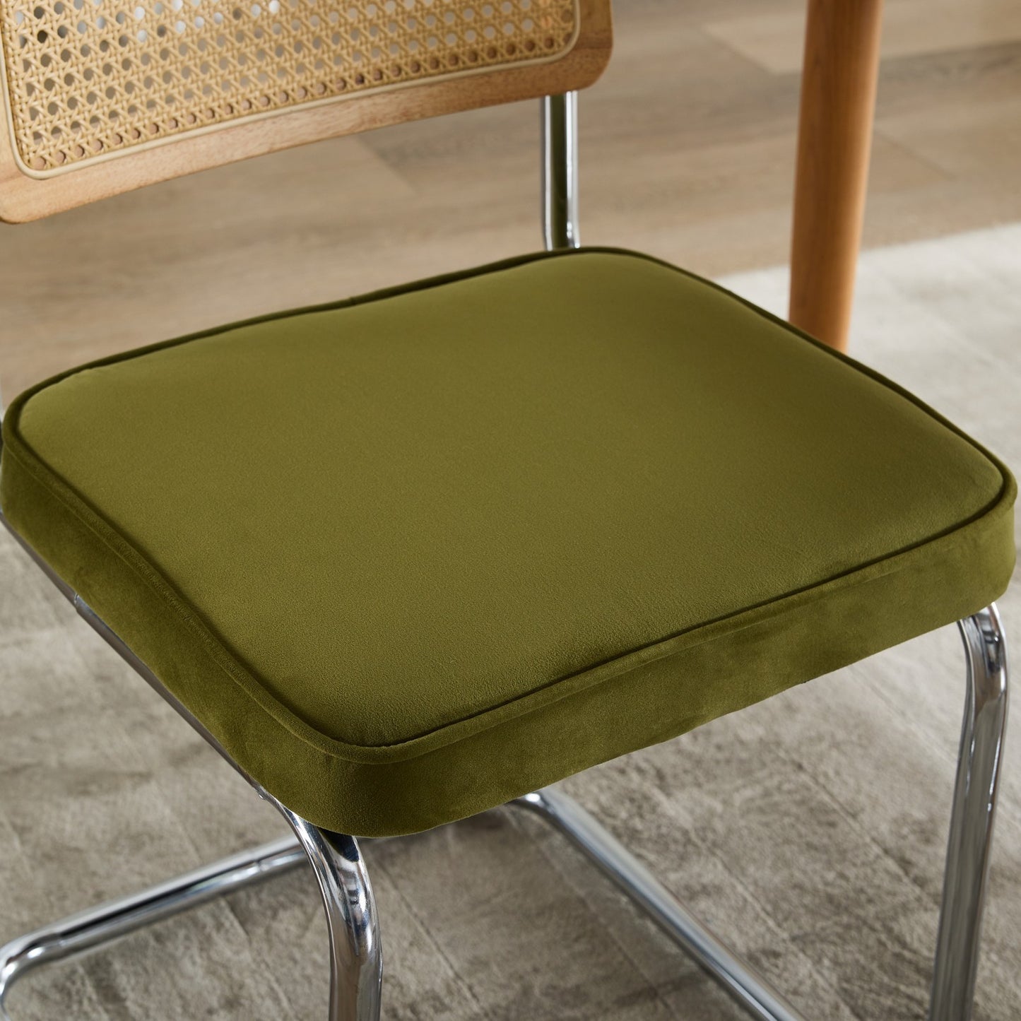 Set of 2 Velvet Dining Chairs with Rattan Back and Cantilever Chrome Base, Mid-Century Style, Olive Green