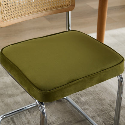 Set of 2 Velvet Dining Chairs with Rattan Back and Cantilever Chrome Base, Mid-Century Style, Olive Green