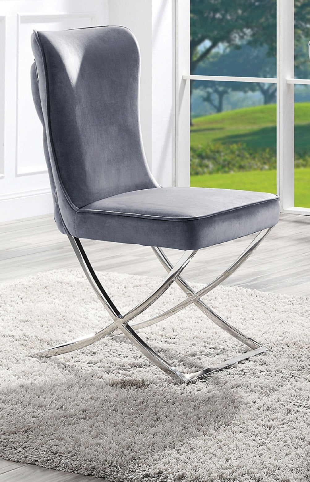 2 Velvet Dining Chairs with Button-Tufted Upholstery, Chrome Frame, 20.75W x 26.5D x 38H, Glam, Gray