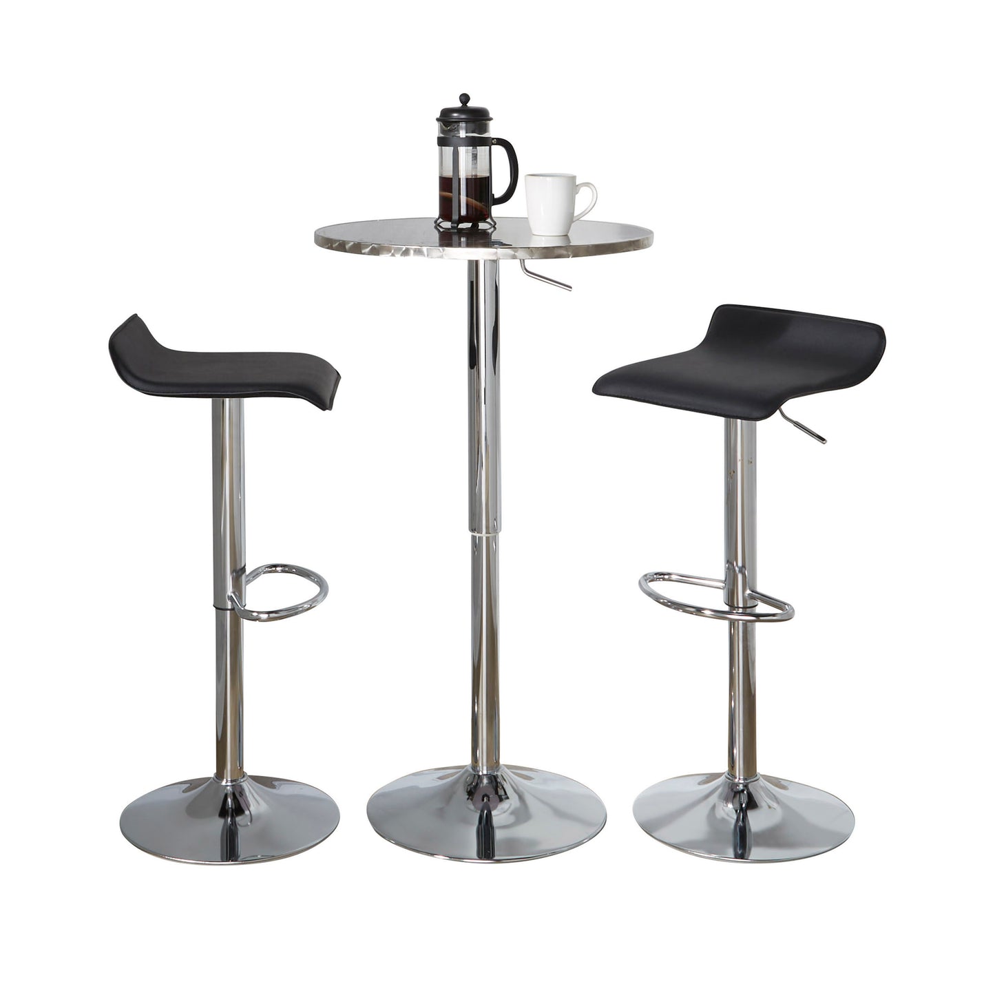 Contemporary Adjustable 3-Piece Bistro Bar Set with Round Table and Stools, Metal Frame, PVC, Black