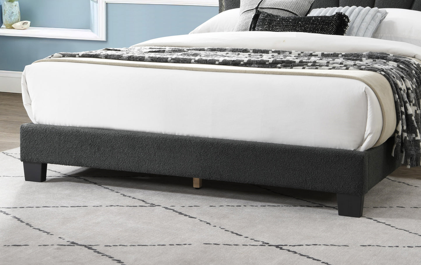 Elegant Charcoal Wool Floral Queen Bedframe with LED Lighted Headboard