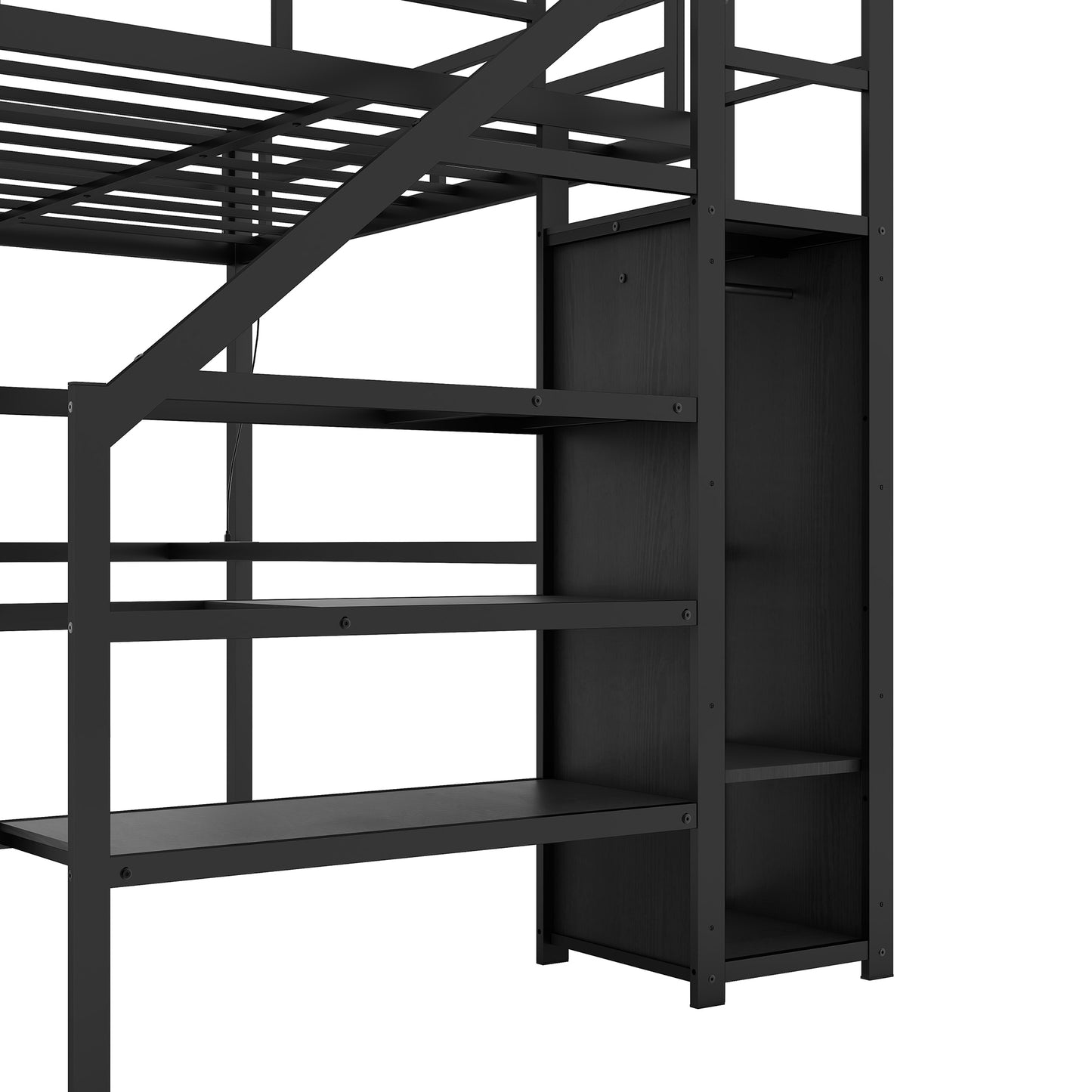 Twin XL Metal Loft Bed with L-shaped Desk, USB Charging Station, Wardrobe, and LED Lights - Stylish Space-Saving Solution for Teens and Adults in Black