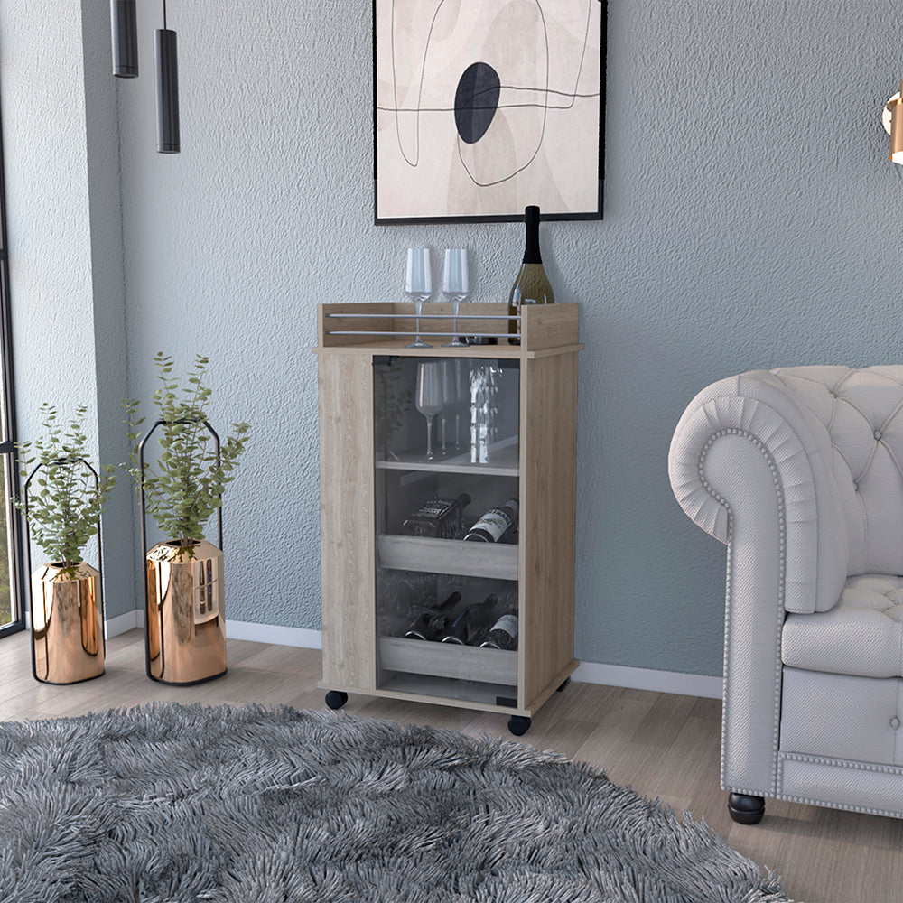 Light Gray Bar Cart With Glass Door And Dual Shelves