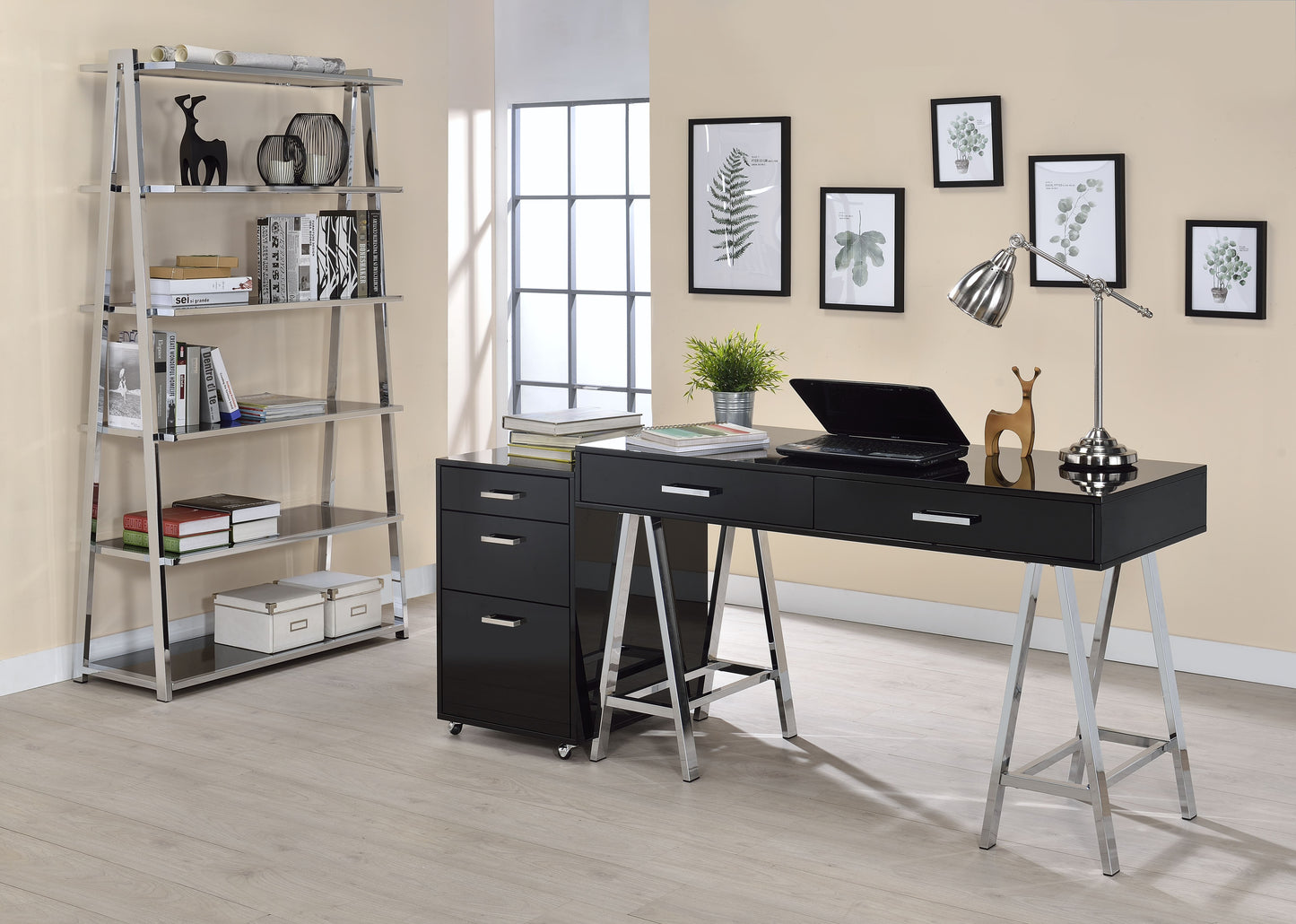 Sleek Black and Chrome Modern Writing Desk with Two Drawers