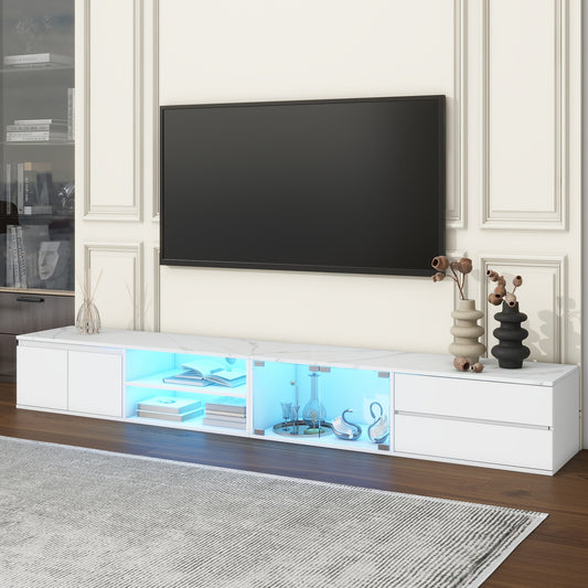 LED TV Stand Up to 105 Inches with Faux Marble Top, 2 Drawers, Glass Doors, App-Controlled Lighting White