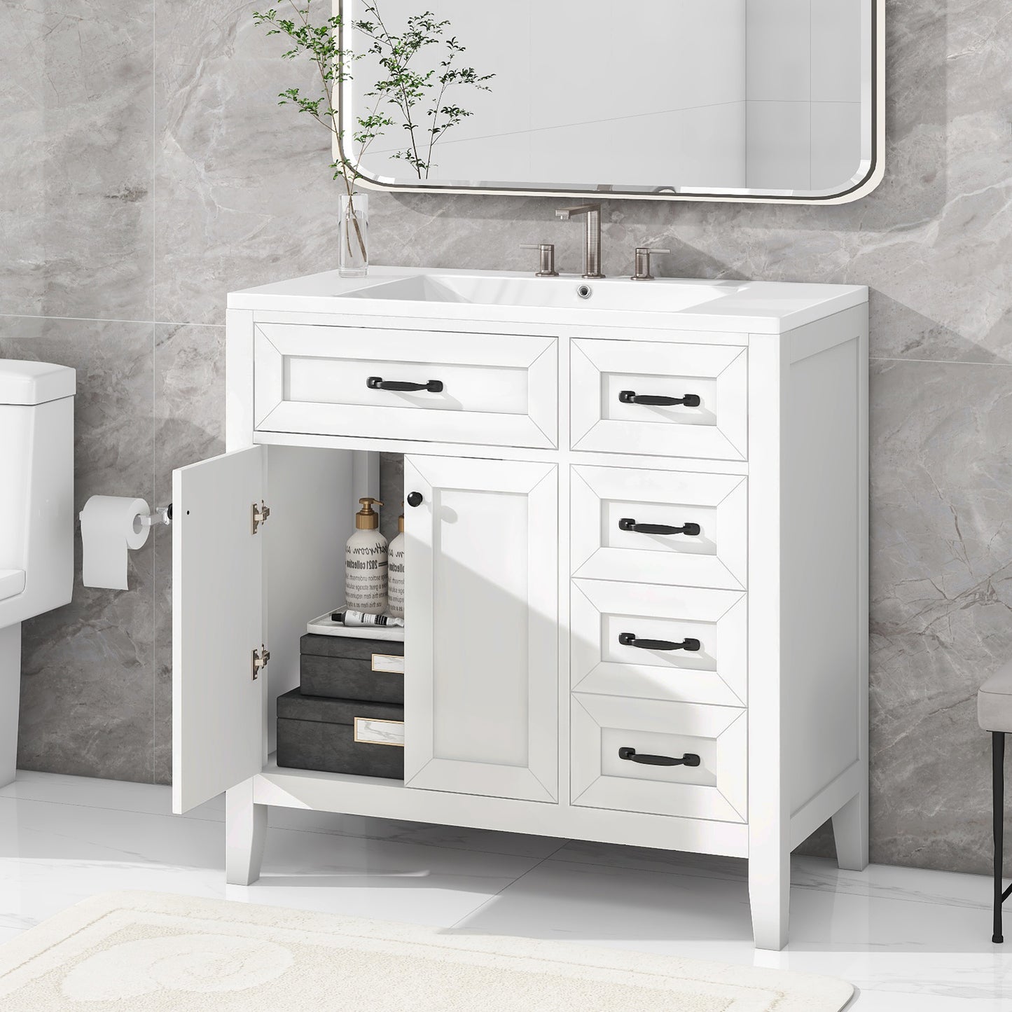 36-Inch White Freestanding Bathroom Vanity with Ceramic Sink and Storage Drawers