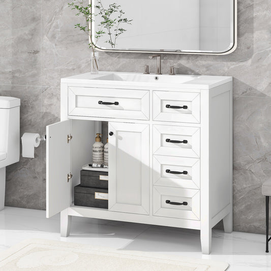 36-Inch White Freestanding Bathroom Vanity with Ceramic Sink and Storage Drawers