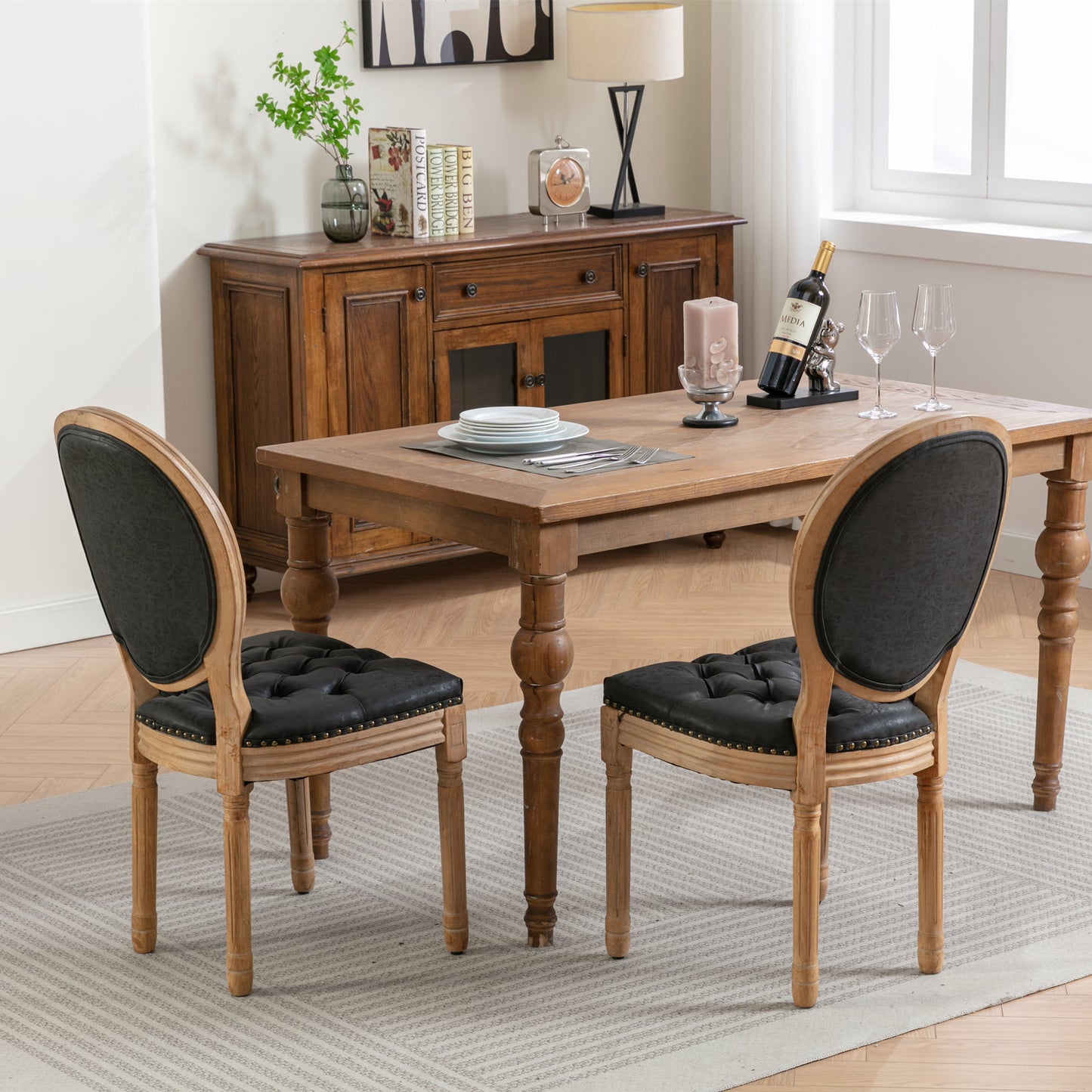 French Style Solid Wood Frame Dining Chairs Set of 2 with PU Leather, Nailhead Trim, Rubberwood, Black