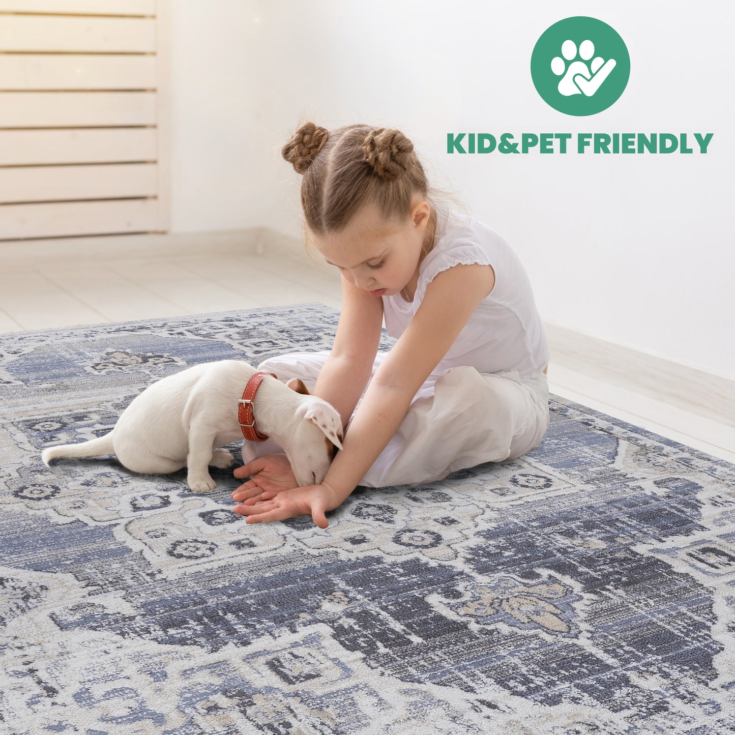 2x3 ft Medallion Area Rug-Non-Shedding, Stain-Resistant, Polyester-Kid & Pet-Friendly,Entryway-Cream/Blue