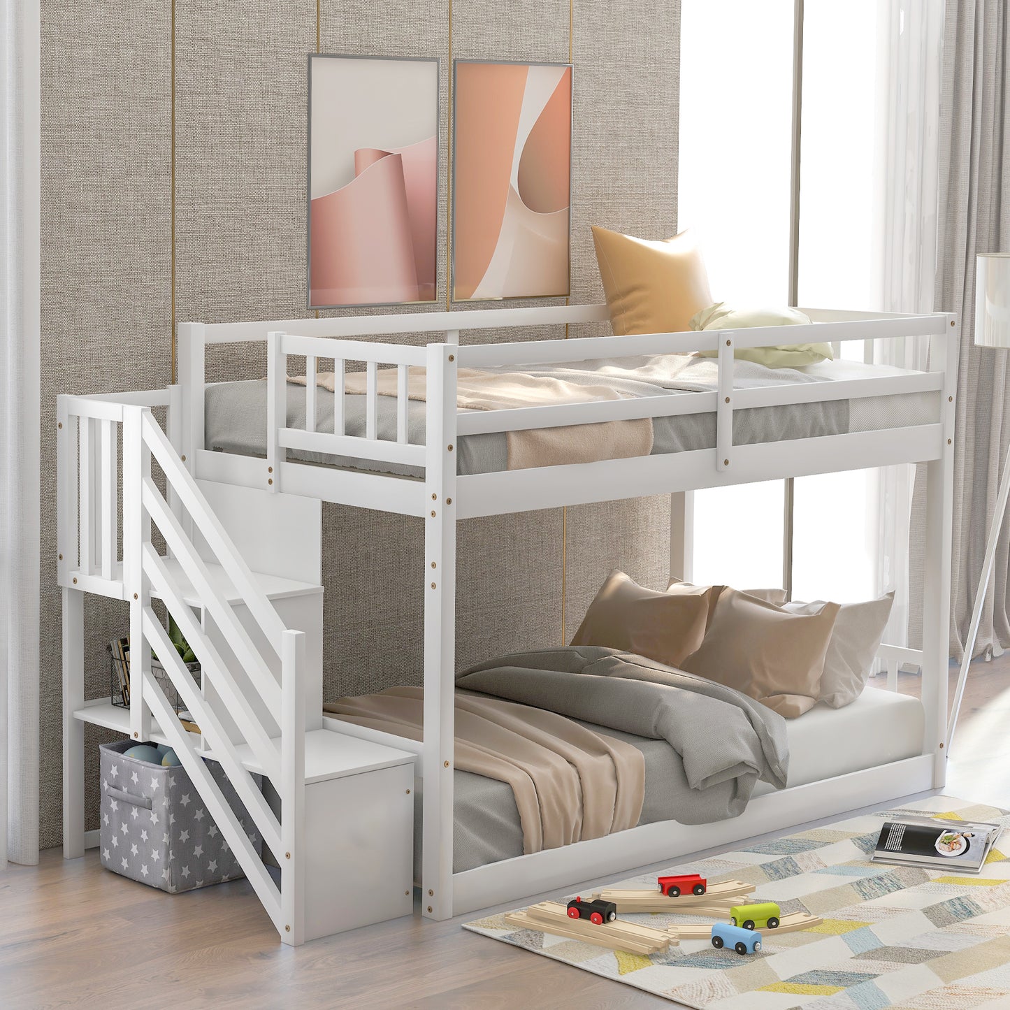 Space-Saving Twin Over Twin Bunk Bed with Storage Ladder in White