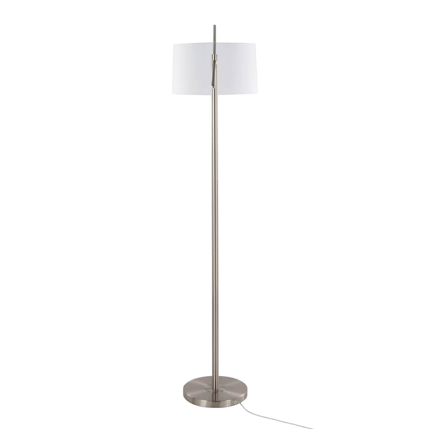 69-Inch Contemporary Metal Floor Lamp with Angled Arm, Off-White Linen Drum Shade, 60W, Brushed Nickel