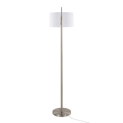 69-Inch Contemporary Metal Floor Lamp with Angled Arm, Off-White Linen Drum Shade, 60W, Brushed Nickel