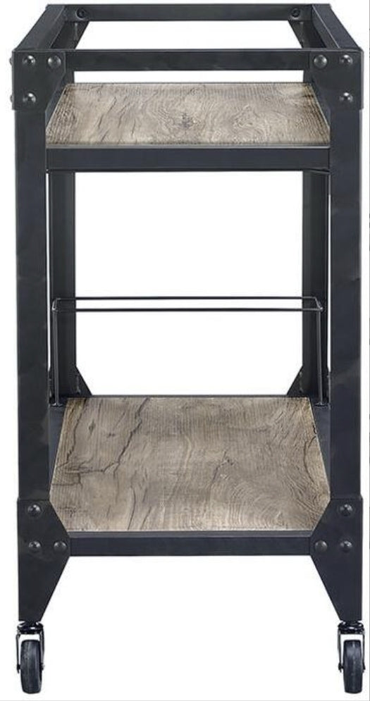 Industrial Rustic Oak Charcoal Serving Cart With Wine Rack
