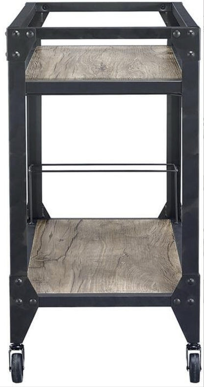 Industrial Rustic Oak Charcoal Serving Cart With Wine Rack