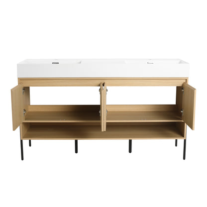 60-Inch Modern Oak Bathroom Vanity Set with Single Resin Sink and 4-Door Storage Cabinet