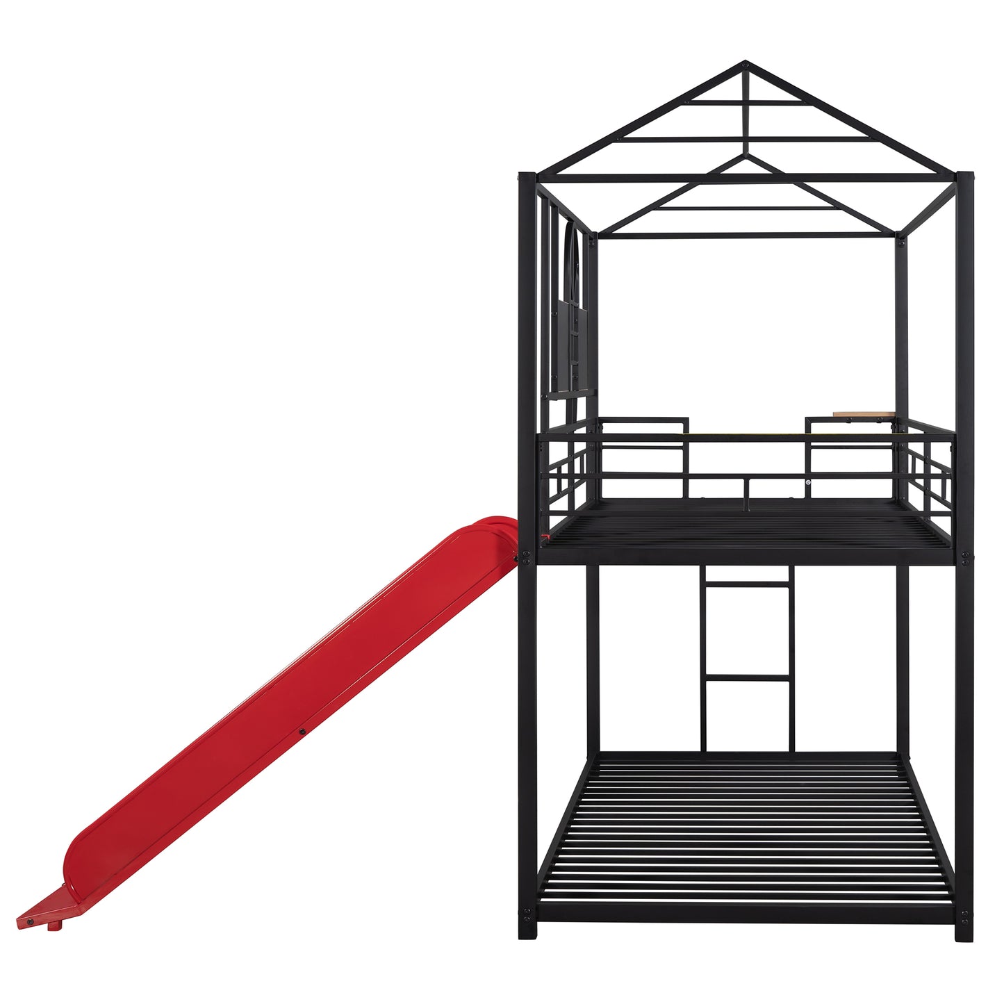 Twin Over Twin Metal Bunk Bed with Fun Slide – Available in Three Chic Colors (Black/Red, Black/Black, White/White)
