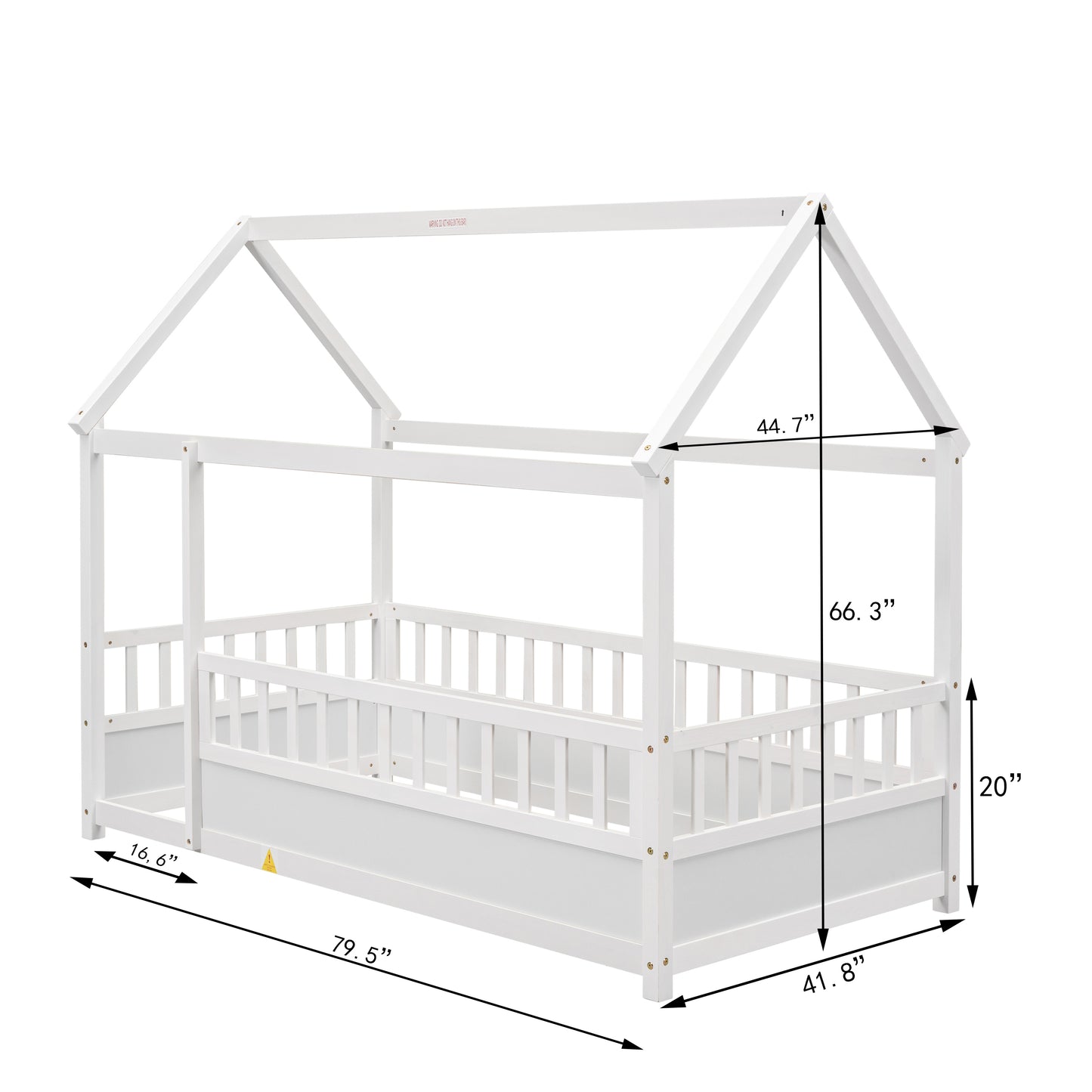 Whimsical Twin Floor Bed with House Roof and Safety Guardrails in White