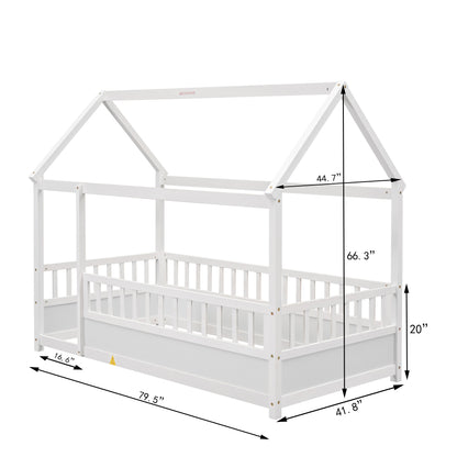 Whimsical Twin Floor Bed with House Roof and Safety Guardrails in White