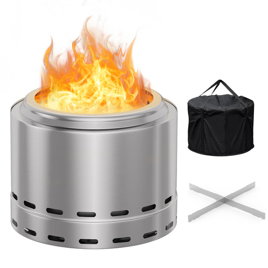 Portable Smokeless Fire Pit For Camping And Patio 19 Inch Wood Burning Stainless Steel Silver
