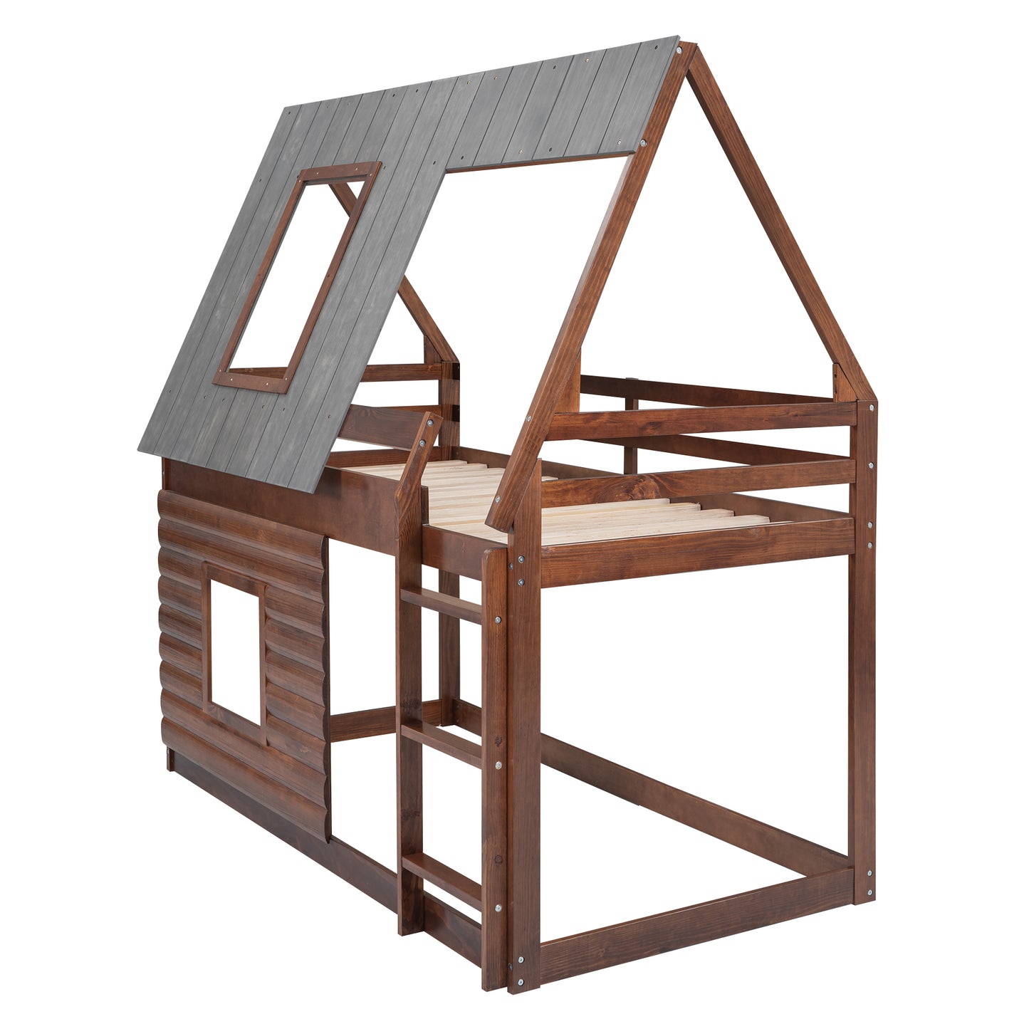 Charming Oak & Smoky Grey Twin Size House Bunk Bed with Roof, Ladder, and Two Windows