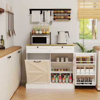 Modern White Kitchen Trash Storage Cabinet with Drawers and Tilt-Out Bin - Multifunctional Organizer for Home Use