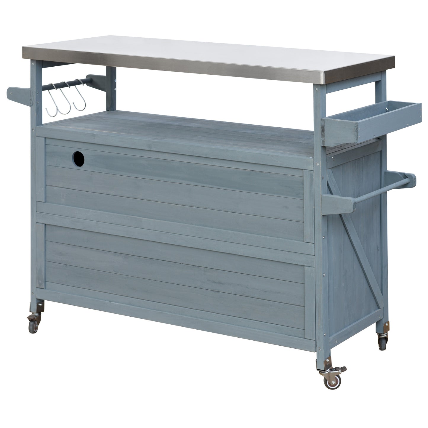 Rolling Outdoor Kitchen Island with Stainless Steel Top, Grey Blue Fir Wood Bar Cart & Storage Cabinet for BBQ and Garden Parties
