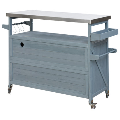 Rolling Outdoor Kitchen Island with Stainless Steel Top, Grey Blue Fir Wood Bar Cart & Storage Cabinet for BBQ and Garden Parties