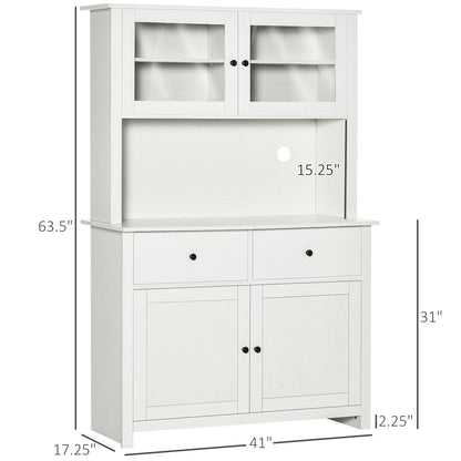 Antique White 63.5" Kitchen Storage Buffet with Hutch and Adjustable Shelves