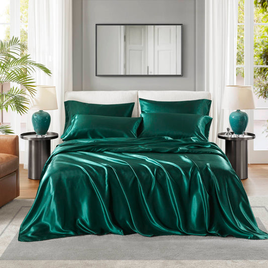 Queen Satin Sheet Set – 100% Polyester, Flat 90x102, Fitted 60x80, 4 Pillowcases Emerald