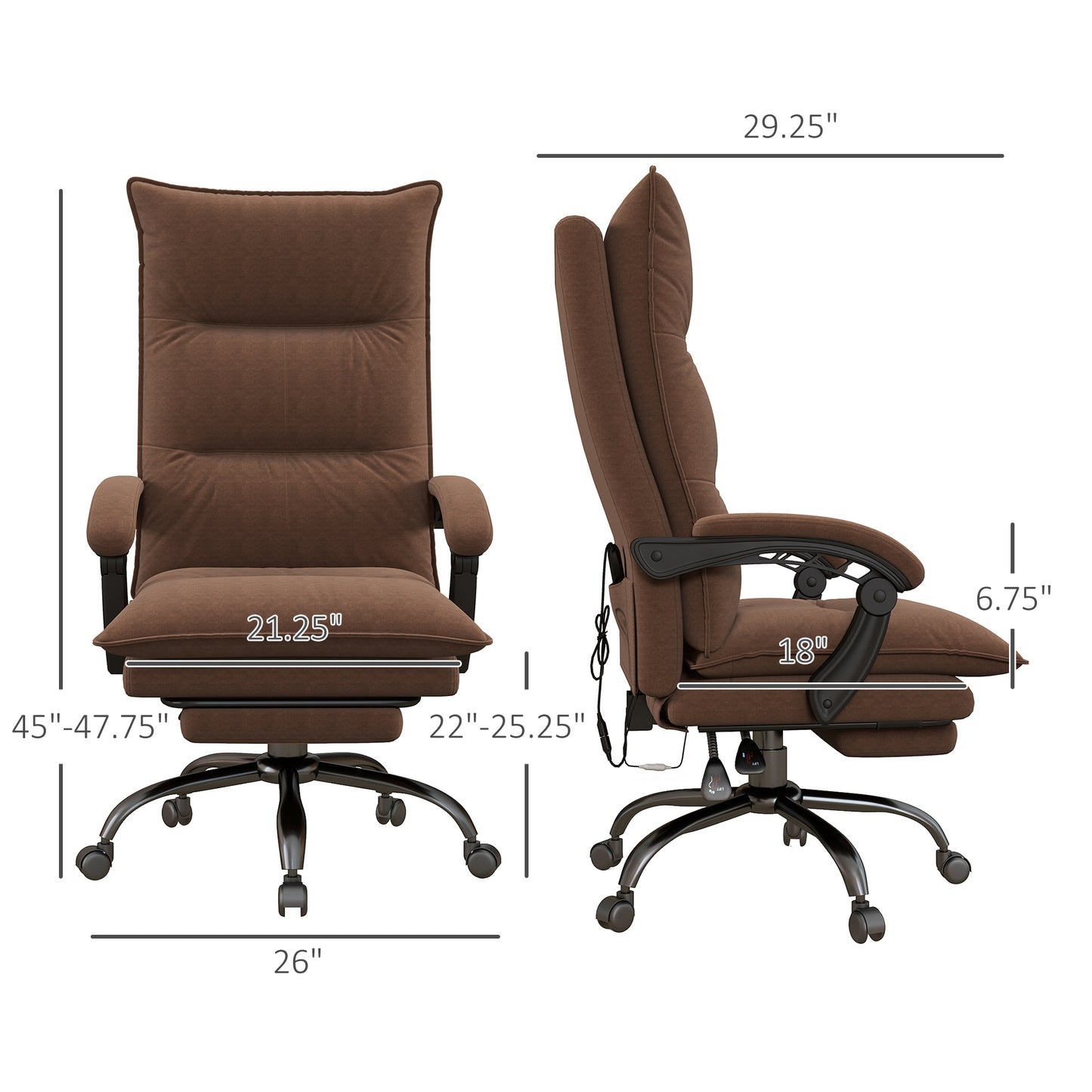 Premium Heated Reclining Office Massage Chair with Footrest, 6 Vibration Modes, Microfiber Upholstery, Adjustable Armrests, and Double Padding in Brown