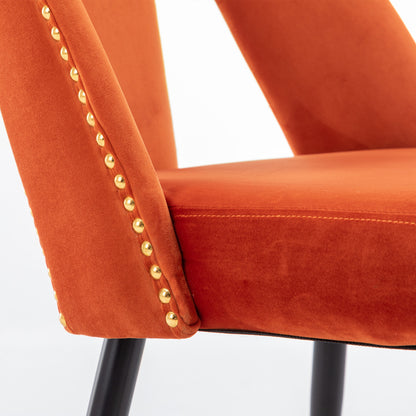 Set of 2 Velvet Upholstered Dining Chairs with Nailhead Trim and Gold-Tipped Black Metal Legs, Orange