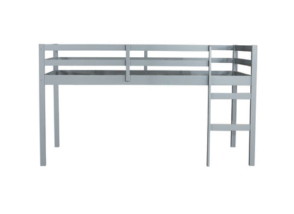 Grey Solid Rubber Wood Twin Loft Bed with Ladder and Sturdy Slat Support