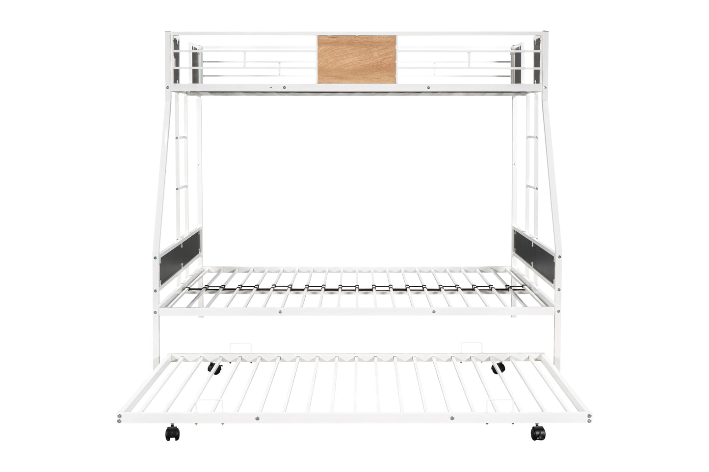 Sturdy Metal Twin Over Full Bunk Bed with Trundle and Safety Guardrails - Space-Saving Design with Noise Reduction and Wooden Accents