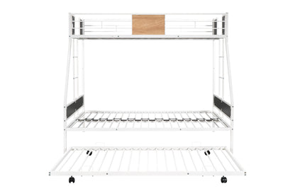 Sturdy Metal Twin Over Full Bunk Bed with Trundle and Safety Guardrails - Space-Saving Design with Noise Reduction and Wooden Accents
