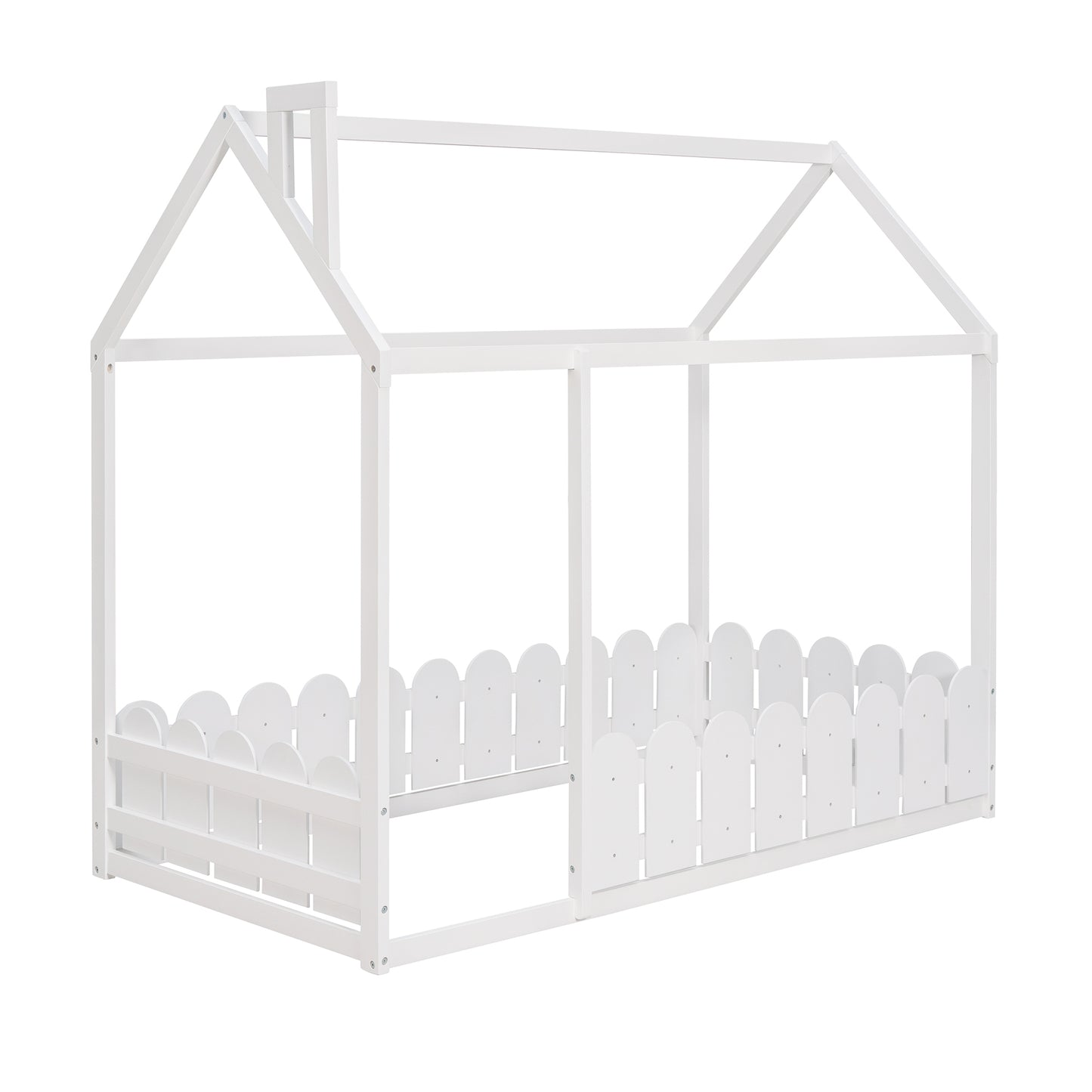 Twin Size Wooden House Bed Frame with Fence - Creative Sleep & Play Space for Kids, Teens, and Children - White Finish