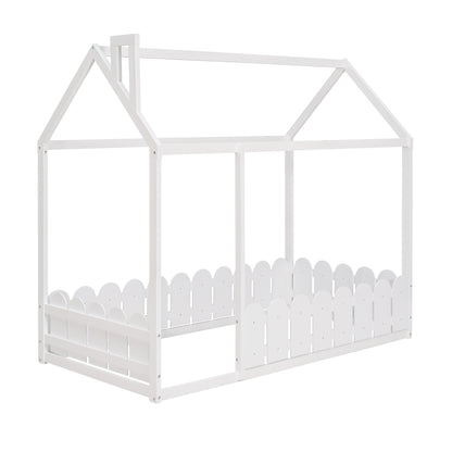 Twin Size Wooden House Bed Frame with Fence - Creative Sleep & Play Space for Kids, Teens, and Children - White Finish