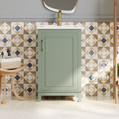 Compact 20-Inch Green Bathroom Vanity Cabinet with Ceramic Sink - Stylish Storage Solution for Small Spaces