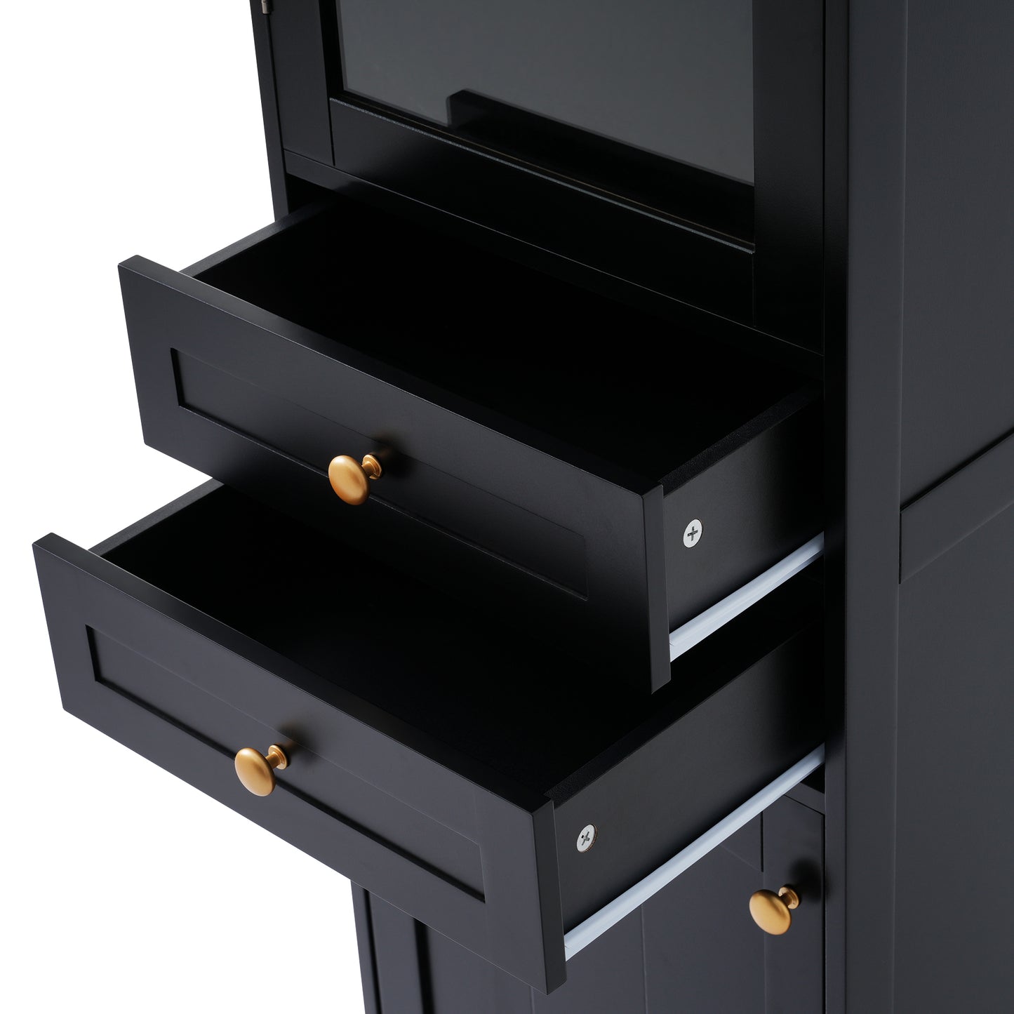 63" Tall Bathroom Storage Cabinet with Glass Doors, Free-Standing, Two Drawers, and Adjustable Shelves, MDF Board, Painted Black - Perfect for Displaying Your Favorite Items