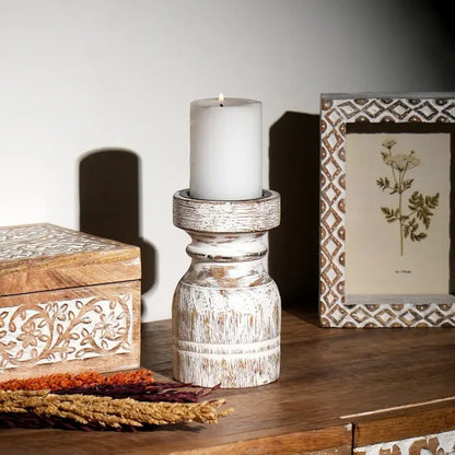 Wooden Centerpiece Candle Holder, 3.5 x 3.5 x 6 in, Elegant Decor, Living Room, White Washed