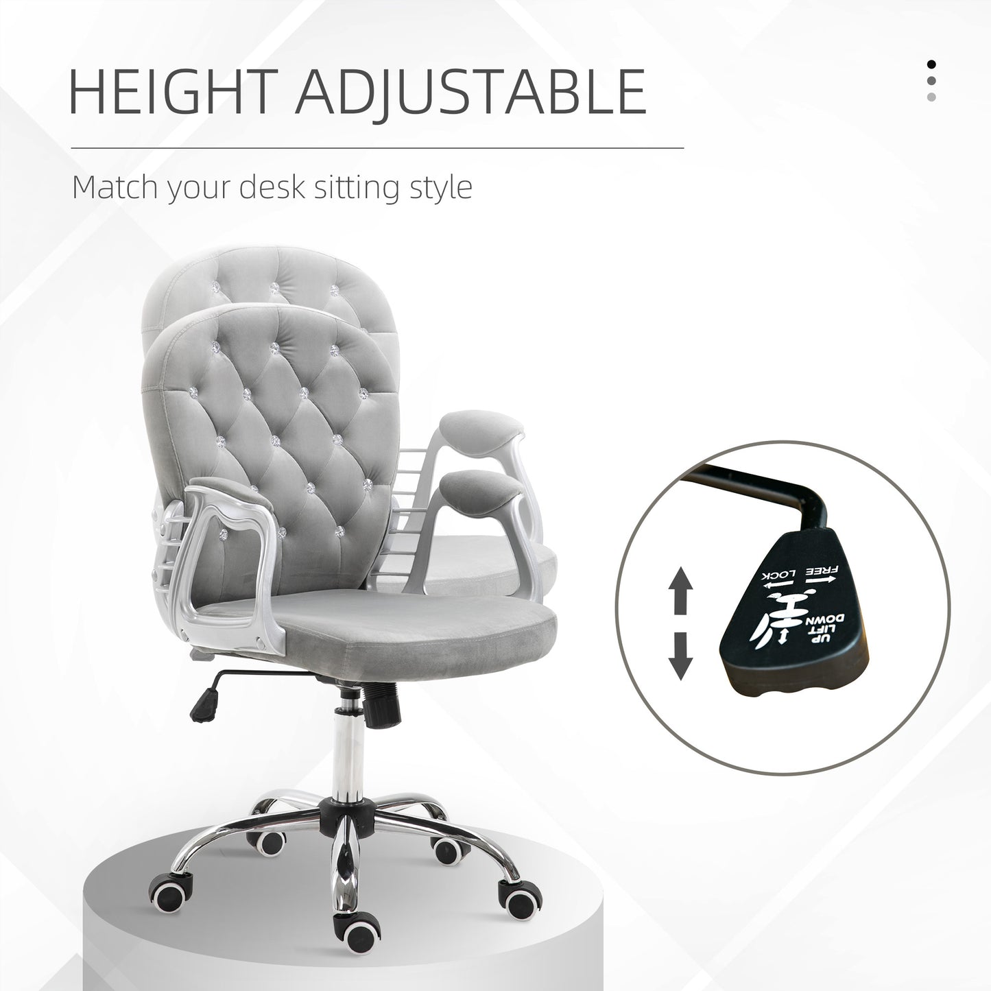 Elegant Gray Velvet Adjustable Office Chair with Swivel Wheels and Padded Armrests