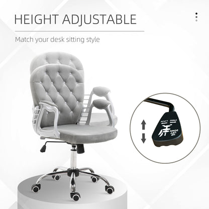 Elegant Gray Velvet Adjustable Office Chair with Swivel Wheels and Padded Armrests