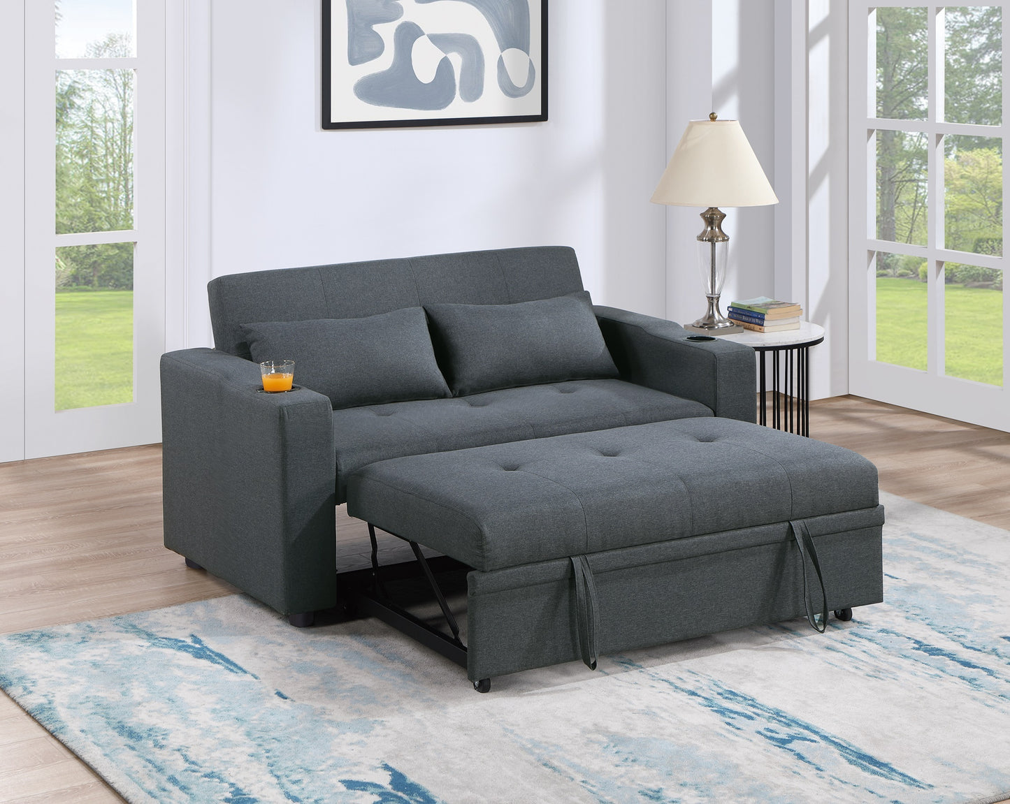 Convertible Sleeper Sofa with Cup Holders, Pull-Out Bed, Linen Fabric, 59 x 34 x 33 in Living Charcoal